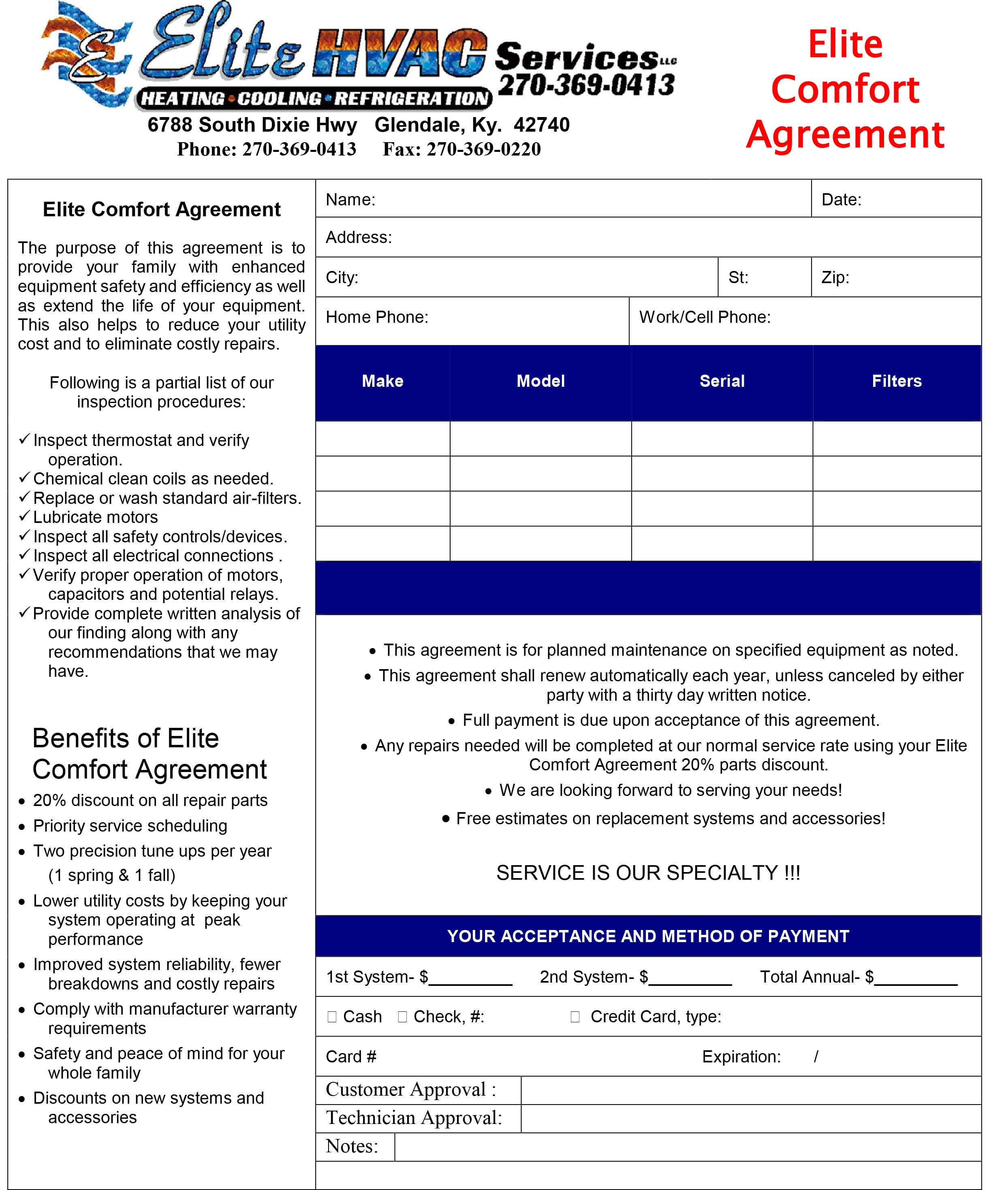 Elite HVAC Services LLC, Air Conditioning & Heating Service Agreements